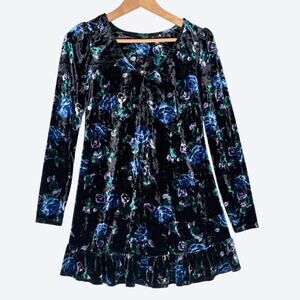 Velvet Floral Print Whimsygoth Fairy Long Sleeve Mini Dress Womens XS Wild Fable